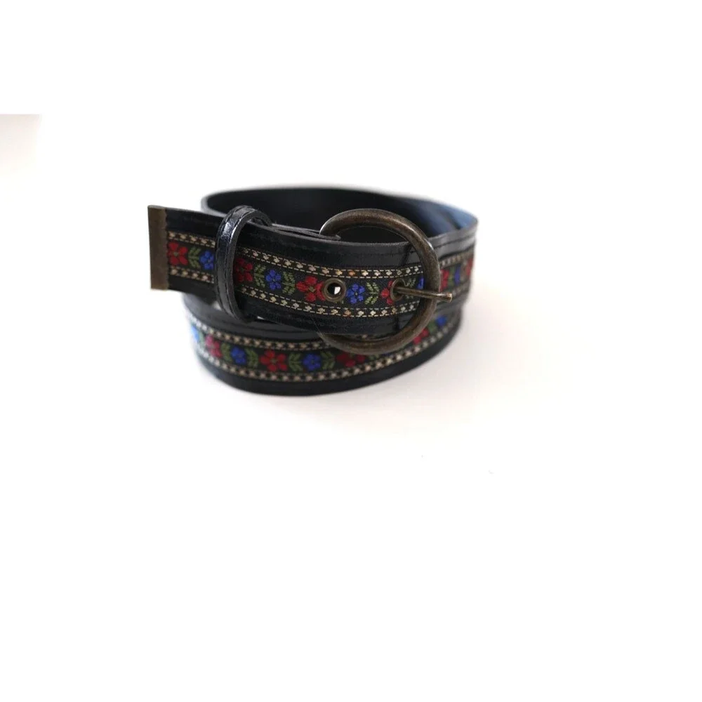 Vintage Women's Black Floral Folk Leather Round Buckle Belt Boho Western
